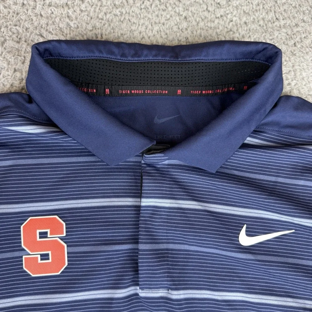 Nike Dri-FIT Tiger Woods Golf Polo Shirt Navy‎ Blue Striped Men's Large Syracuse